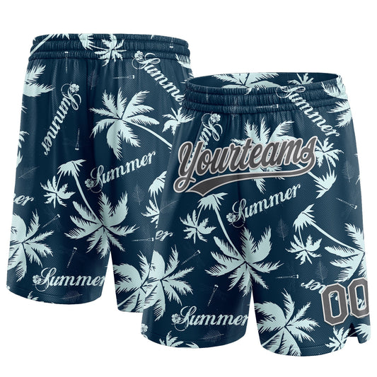 Custom Navy Steel Gray-White 3D Pattern Hawaii Palm Trees Authentic Basketball Shorts - Main View