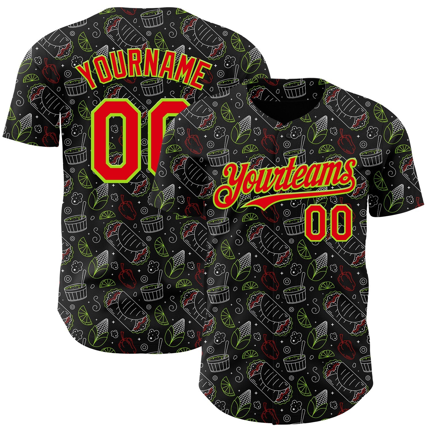 Custom Black Fire Red-Neon Green Foodie Mexican Food Doodles Authentic Baseball Jersey - Main View
