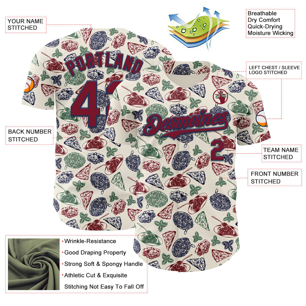 Custom Cream Crimson-Navy Foodie Italian Food Doodles Authentic Baseball Jersey view 3