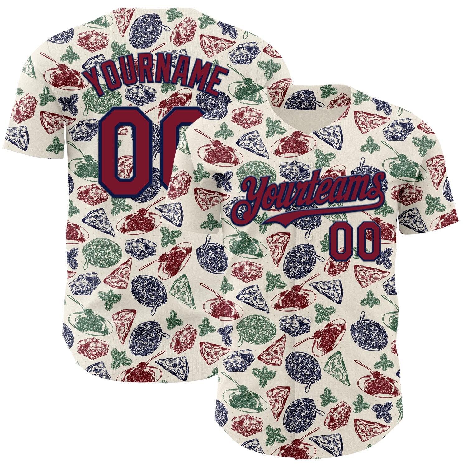 Custom Cream Crimson-Navy Foodie Italian Food Doodles Authentic Baseball Jersey - Main View