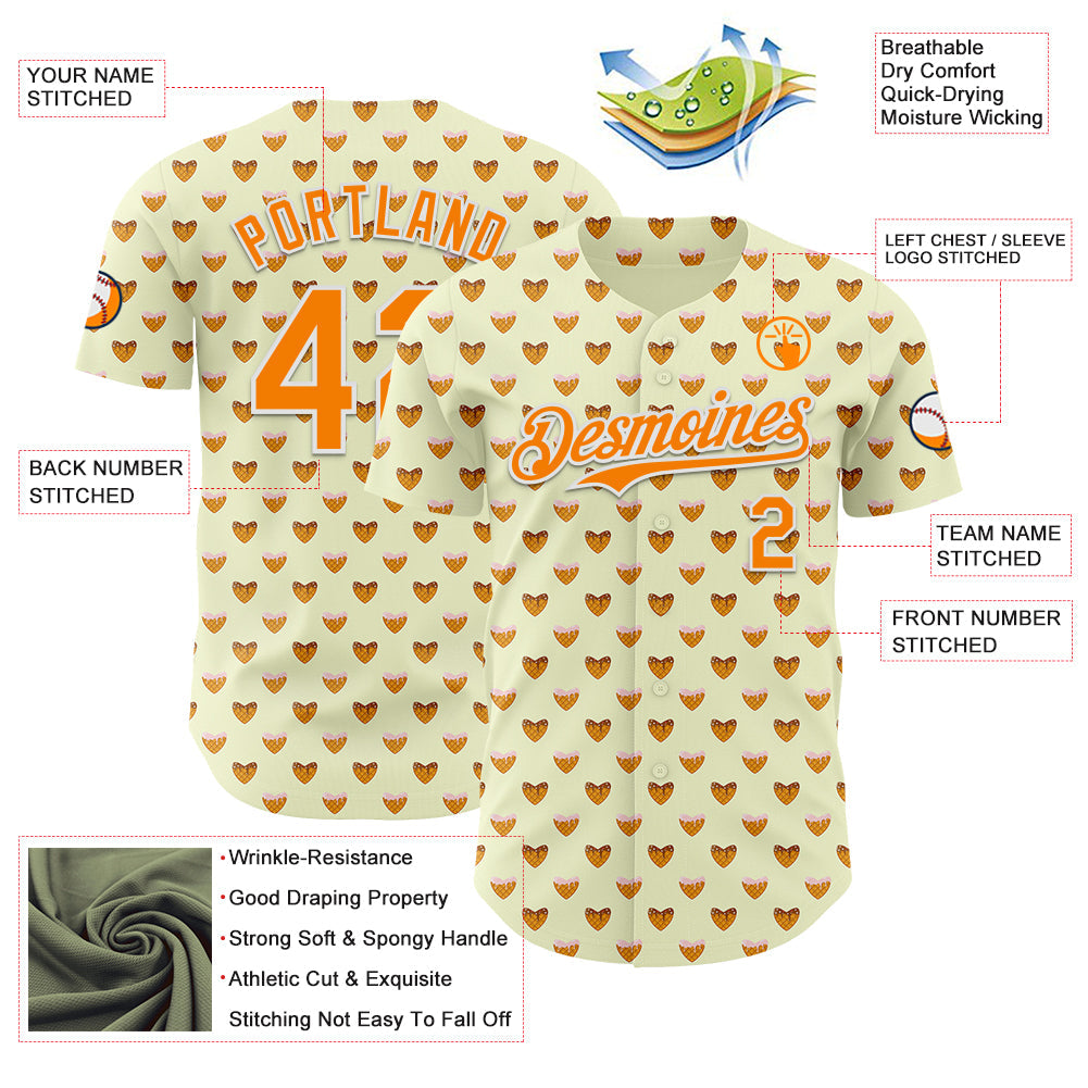 Custom Yellow Bay Orange-White Foodie Heartshaped Waffles Sweets Authentic Baseball Jersey view 3