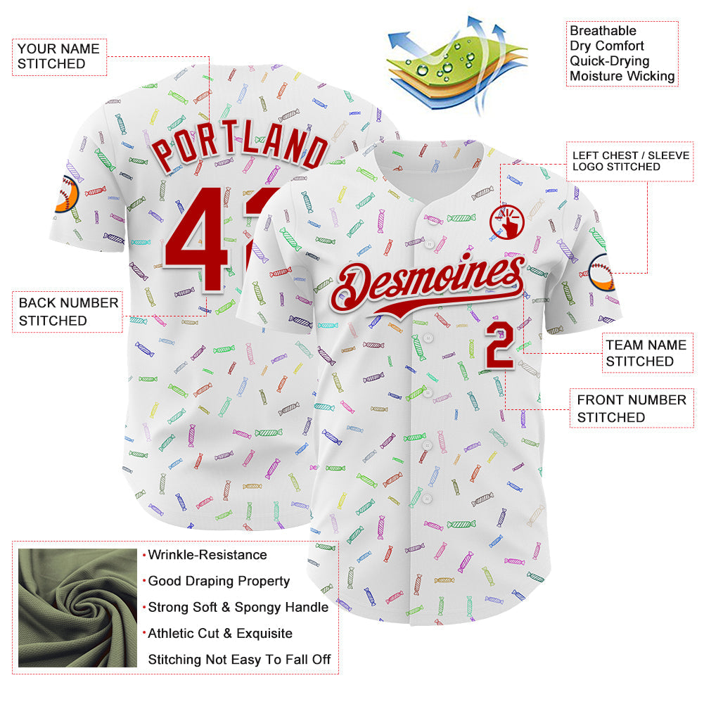 Custom White Red Foodie Candy Sweets Authentic Baseball Jersey view 3