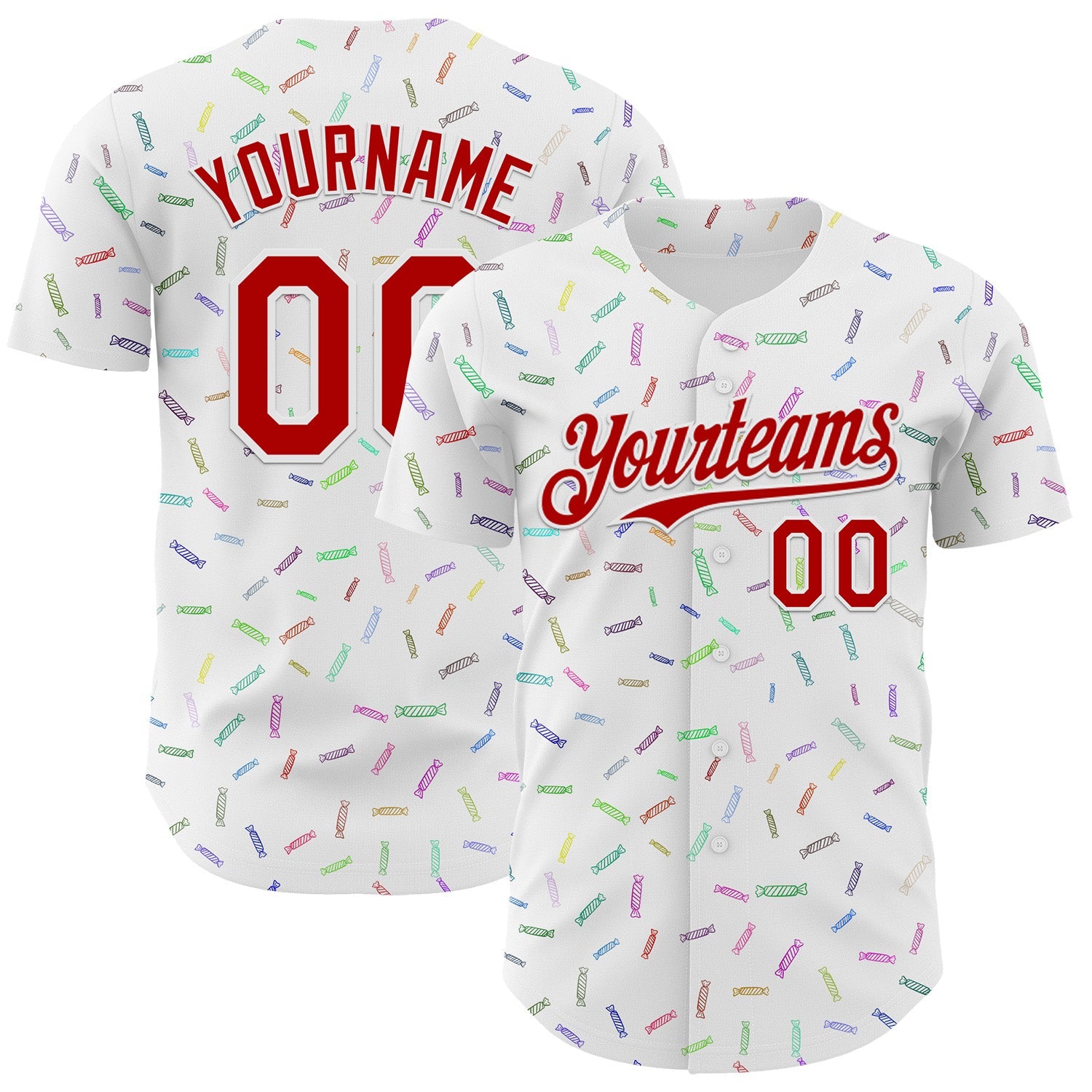 Custom White Red Foodie Candy Sweets Authentic Baseball Jersey - Main View