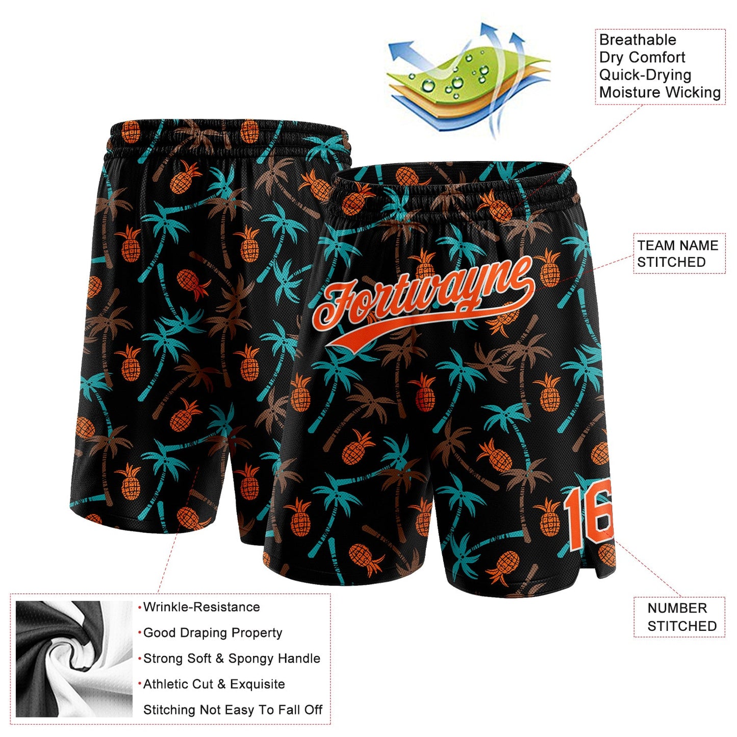 Custom Black Orange-White 3D Pattern Hawaii Palm Trees And Pineapple Authentic Basketball Shorts view 2