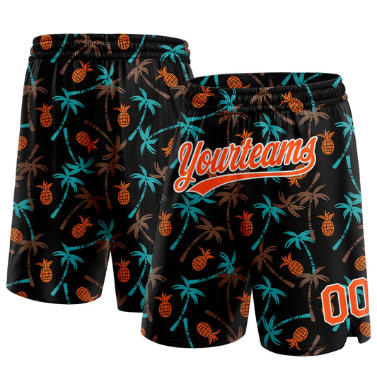 Custom Black Orange-White 3D Pattern Hawaii Palm Trees And Pineapple Authentic Basketball Shorts - Main View