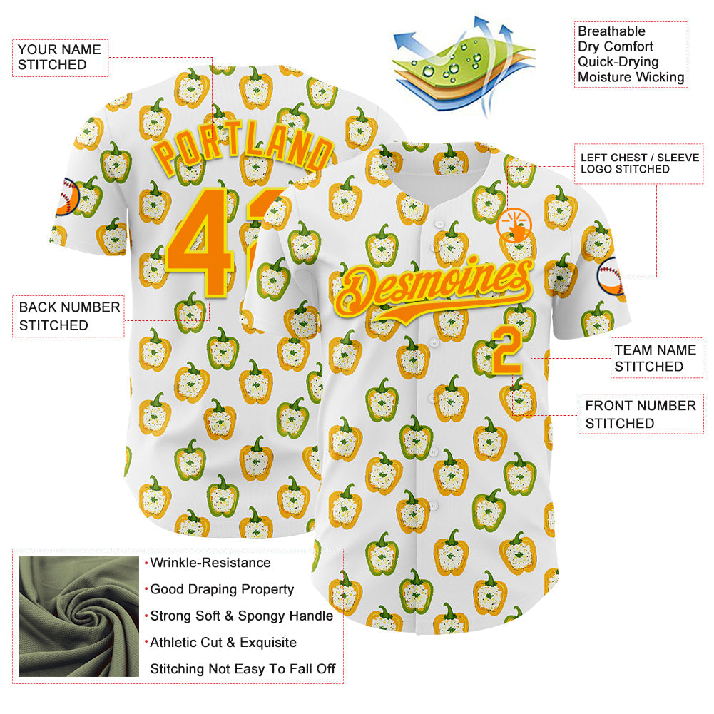 Custom White Bay Orange-Light Yellow Foodie Rice Stuffed Pepper Vegetable Authentic Baseball Jersey view 3