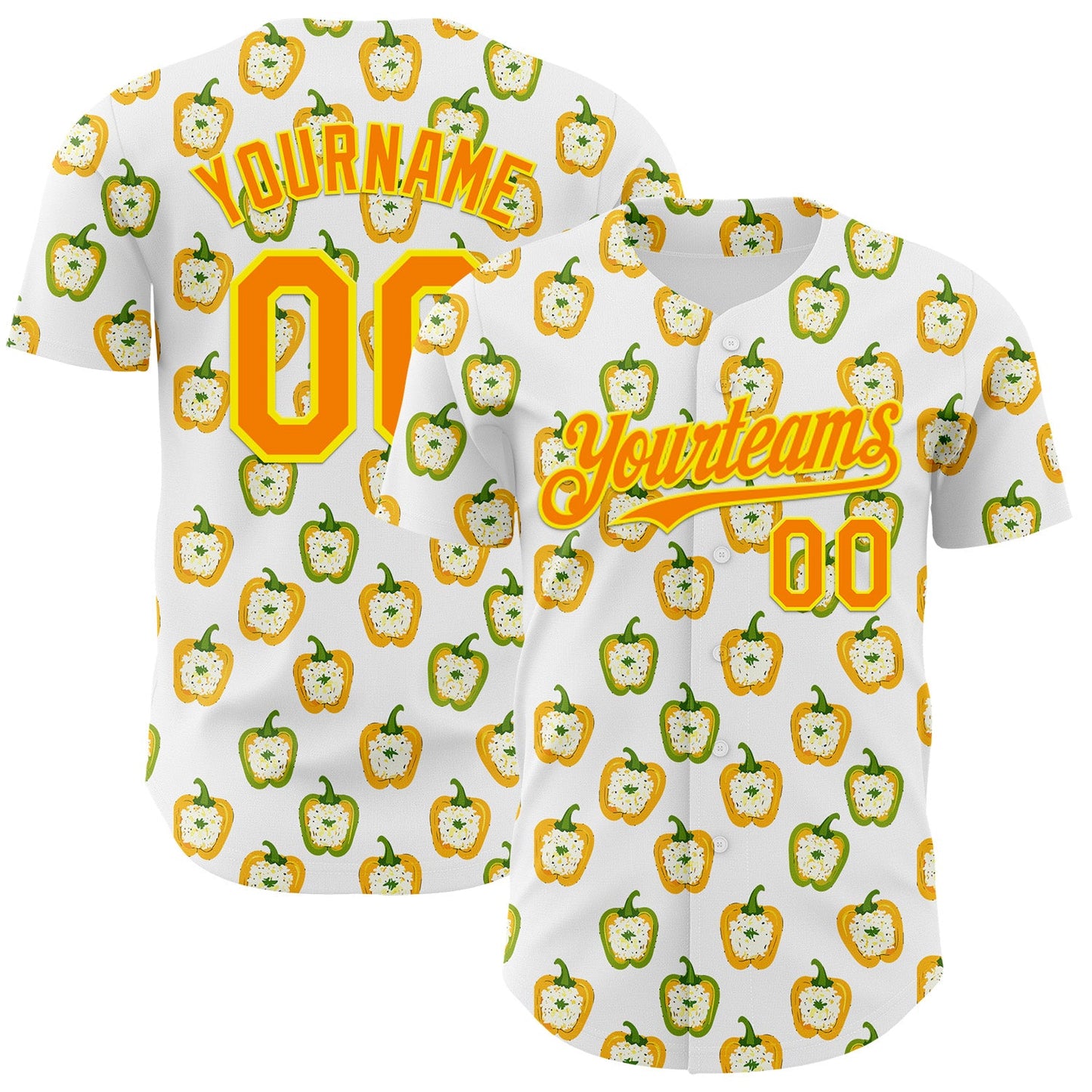 Custom White Bay Orange-Light Yellow Foodie Rice Stuffed Pepper Vegetable Authentic Baseball Jersey - Main View