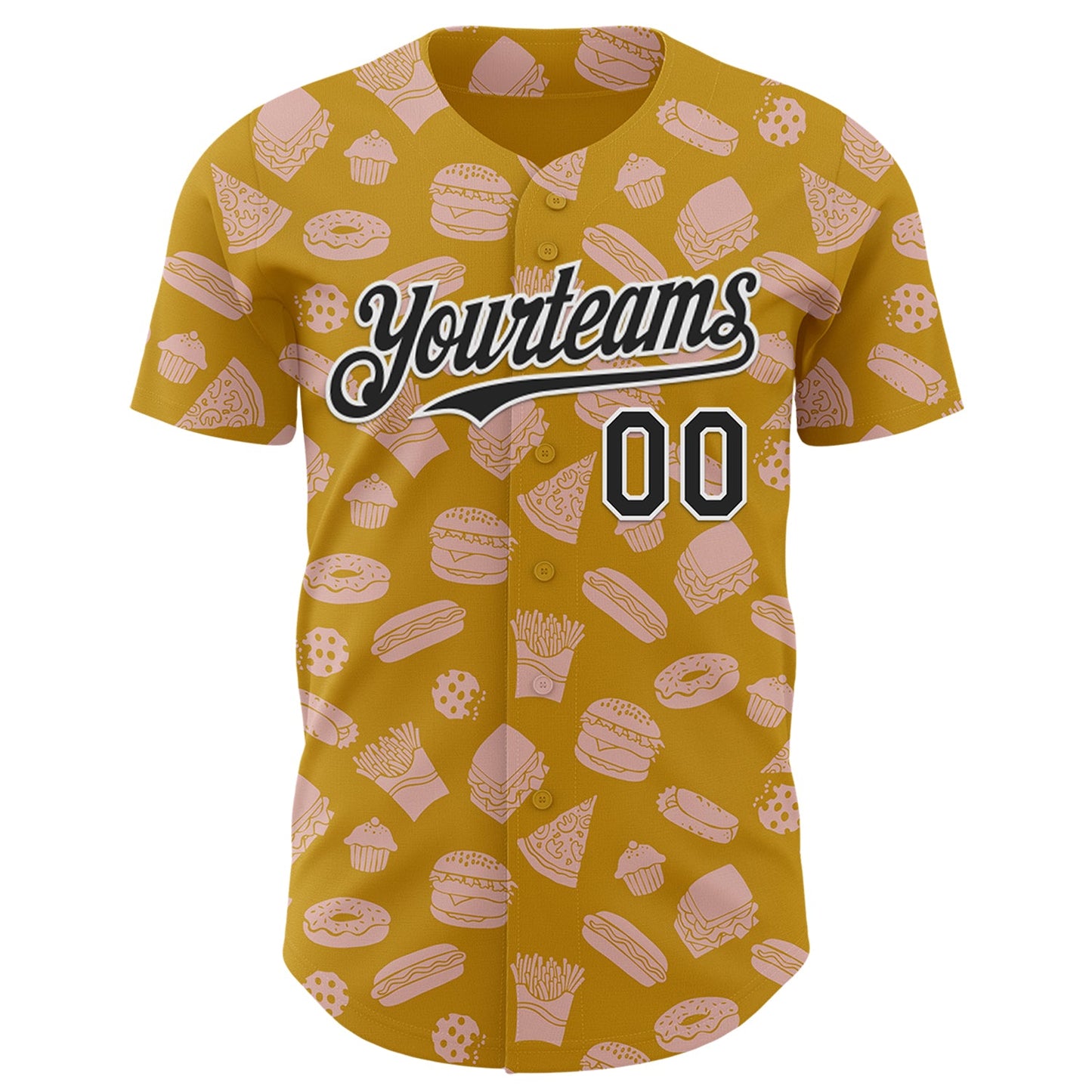 Custom Yellow Black-White Foodie Fast Food Doodles Authentic Baseball Jersey view 2