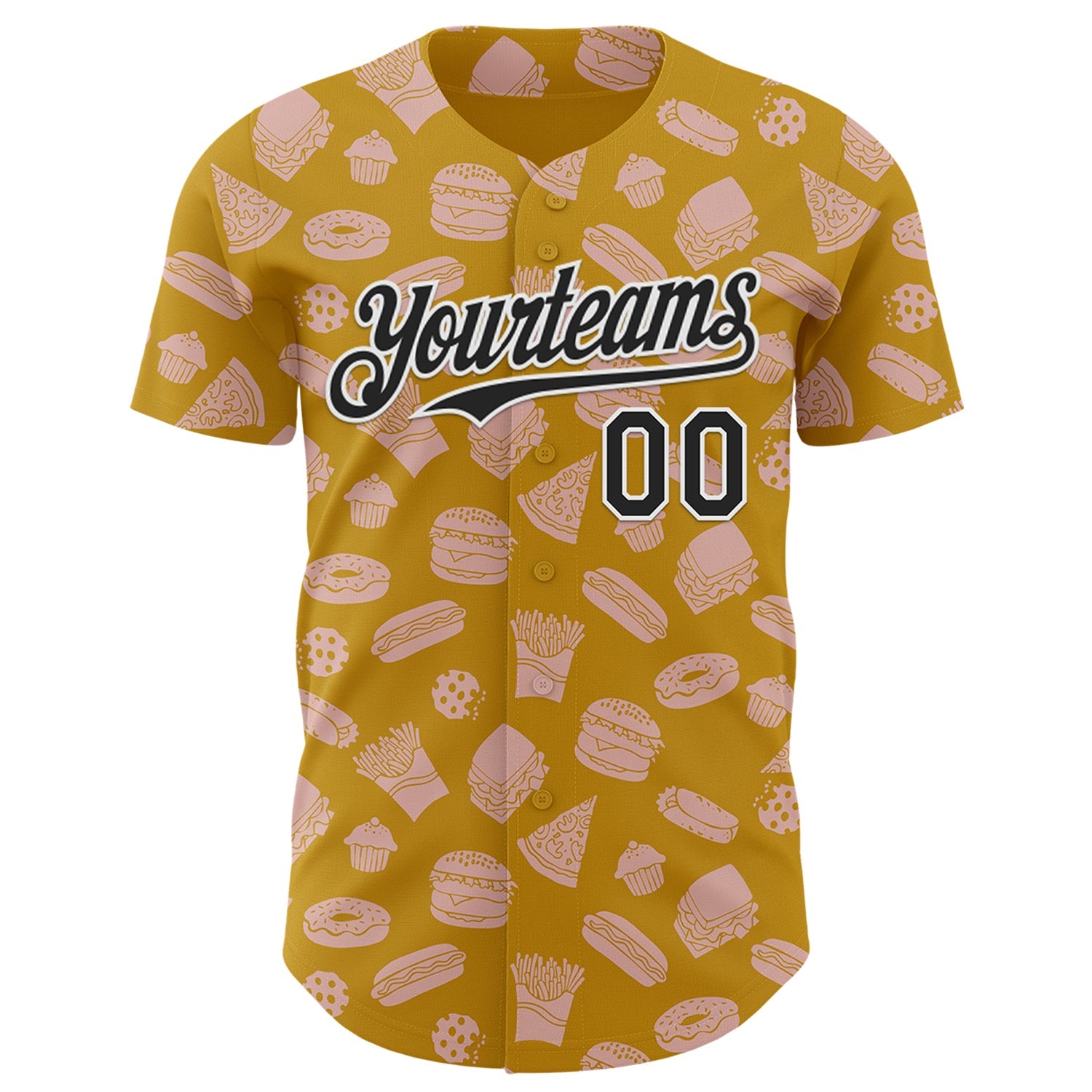 Custom Yellow Black-White Foodie Fast Food Doodles Authentic Baseball Jersey view 2