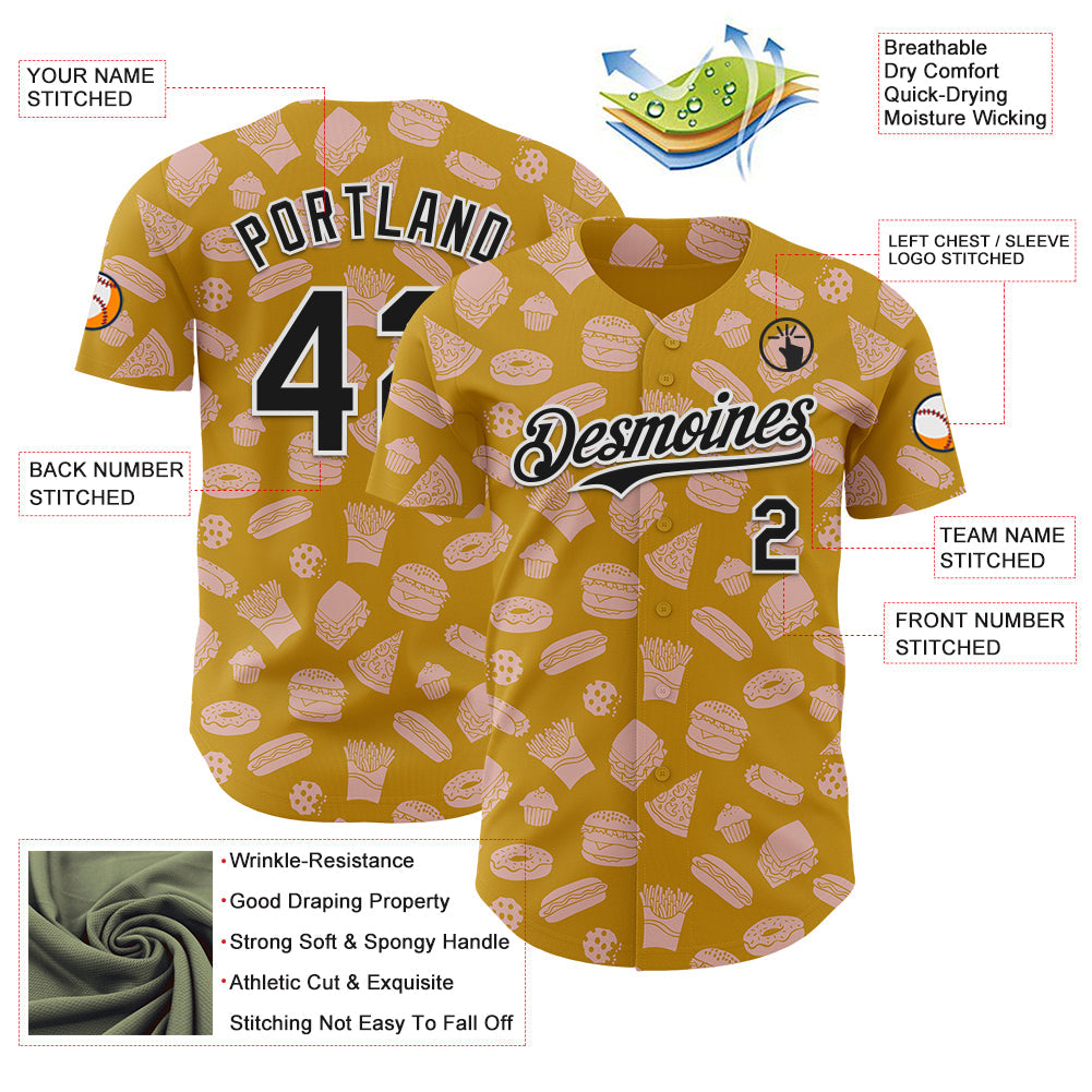 Custom Yellow Black-White Foodie Fast Food Doodles Authentic Baseball Jersey view 3