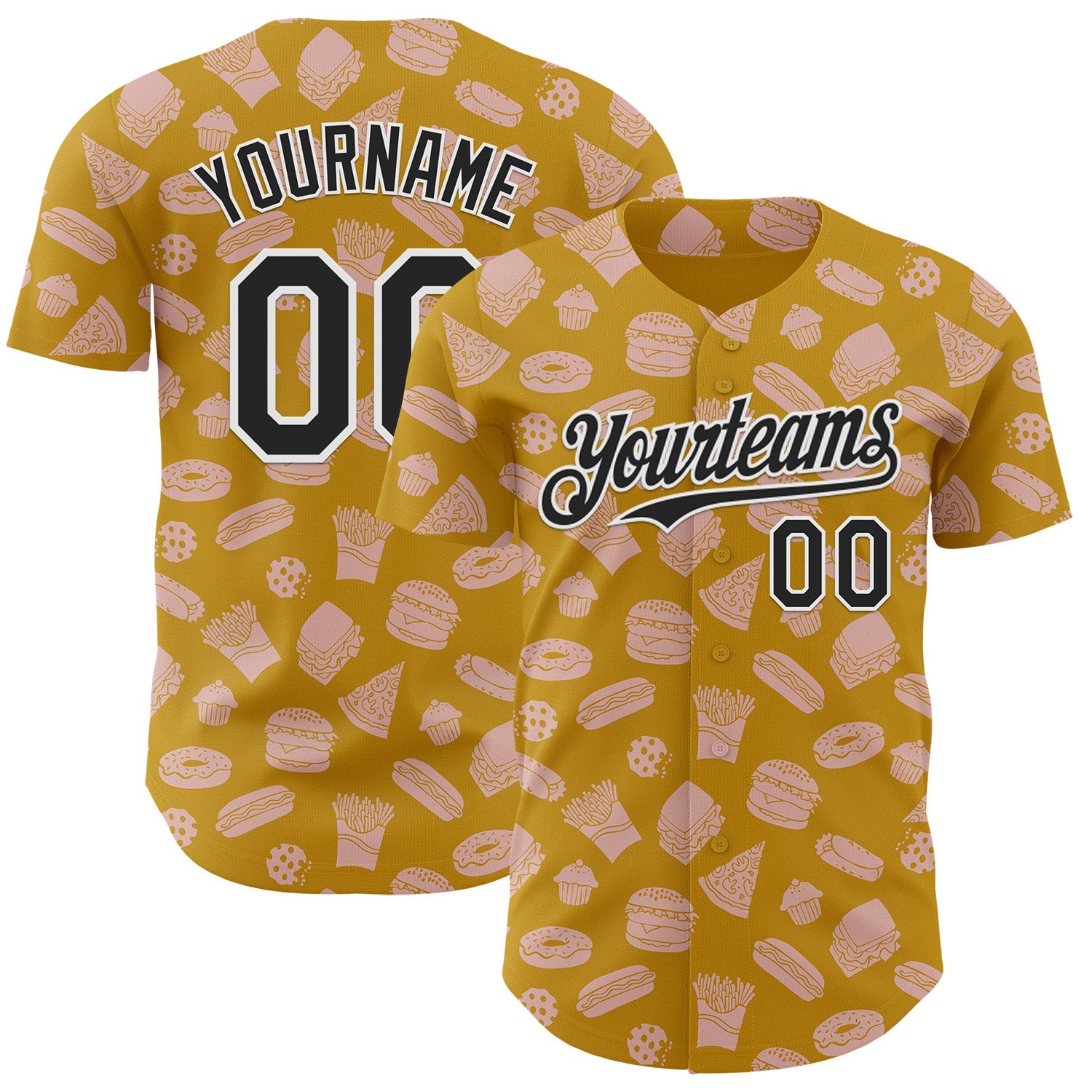 Custom Yellow Black-White Foodie Fast Food Doodles Authentic Baseball Jersey - Main View