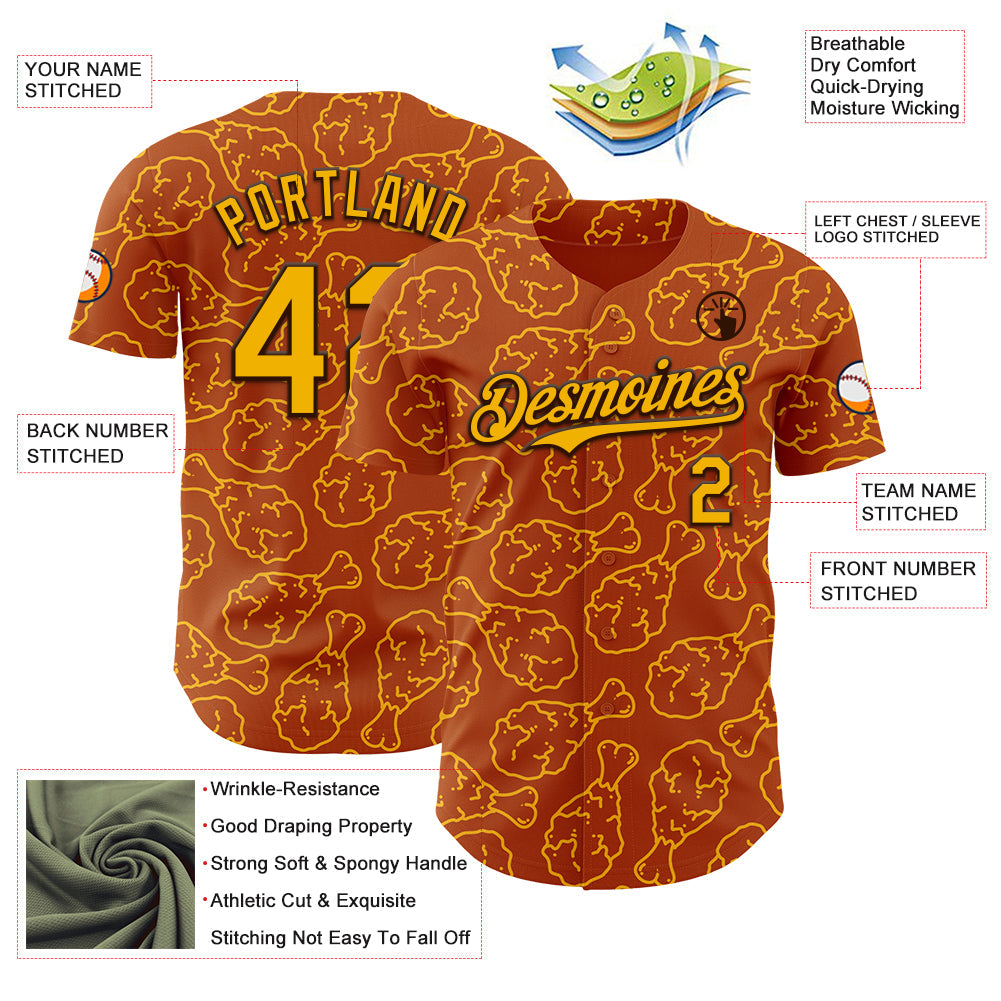Custom Texas Orange Gold-Black Foodie Fast Food Fried Chicken Authentic Baseball Jersey view 3