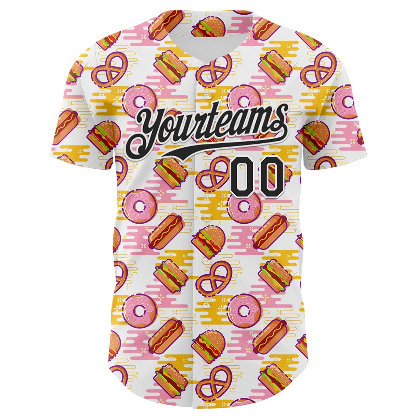 Custom White Black Foodie Fast Food Hot Dog Doughnuts Authentic Baseball Jersey view 2