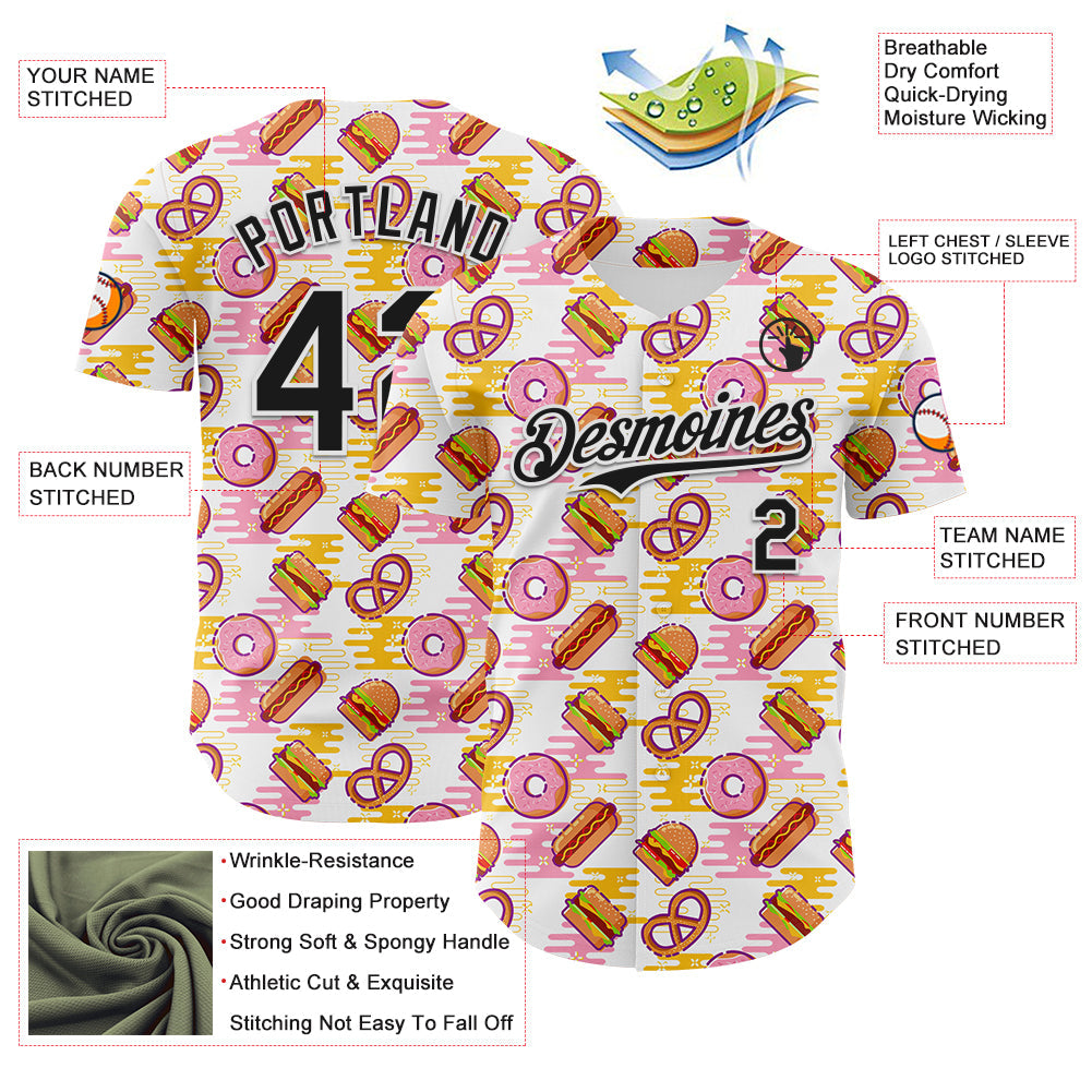 Custom White Black Foodie Fast Food Hot Dog Doughnuts Authentic Baseball Jersey view 3