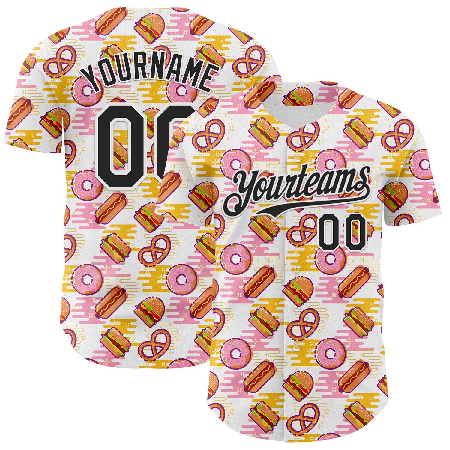 Custom White Black Foodie Fast Food Hot Dog Doughnuts Authentic Baseball Jersey - Main View