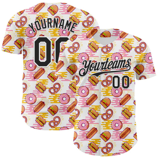 Custom White Black Foodie Fast Food Hot Dog Doughnuts Authentic Baseball Jersey - Main View