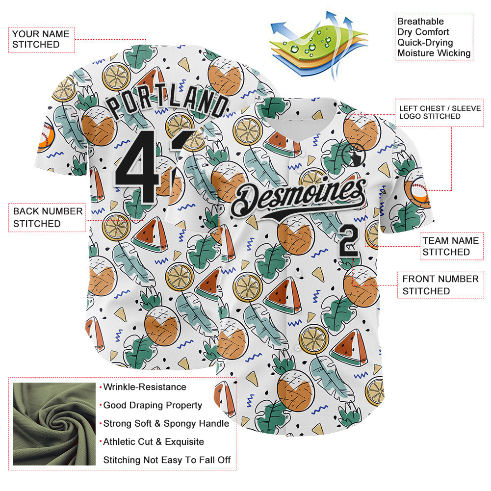 Custom White Black Foodie Summer Fruits Authentic Baseball Jersey view 3