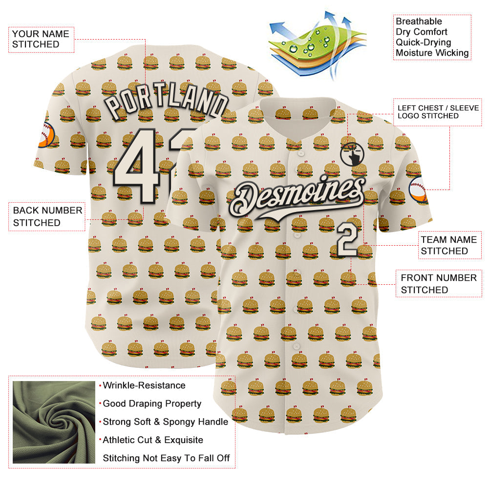 Custom Cream Black Foodie Fast Food Hamburgers Authentic Baseball Jersey view 3