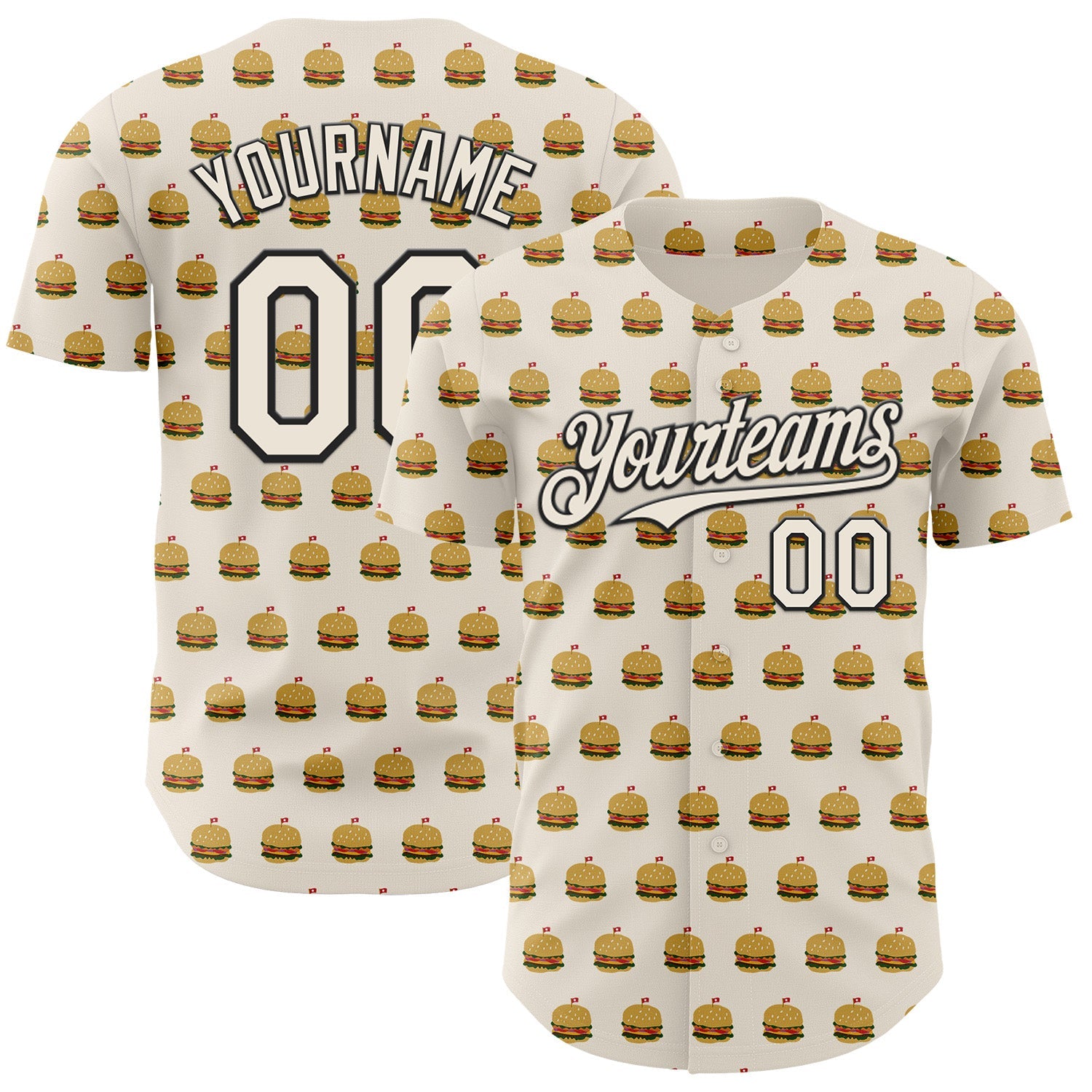Custom Cream Black Foodie Fast Food Hamburgers Authentic Baseball Jersey - Main View