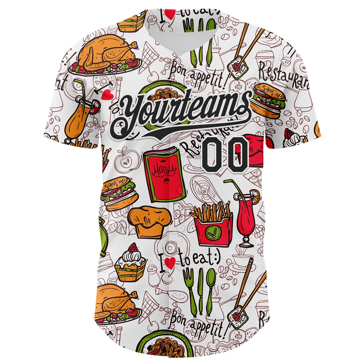 Custom White Black Foodie Fast Food Doodles Authentic Baseball Jersey view 2