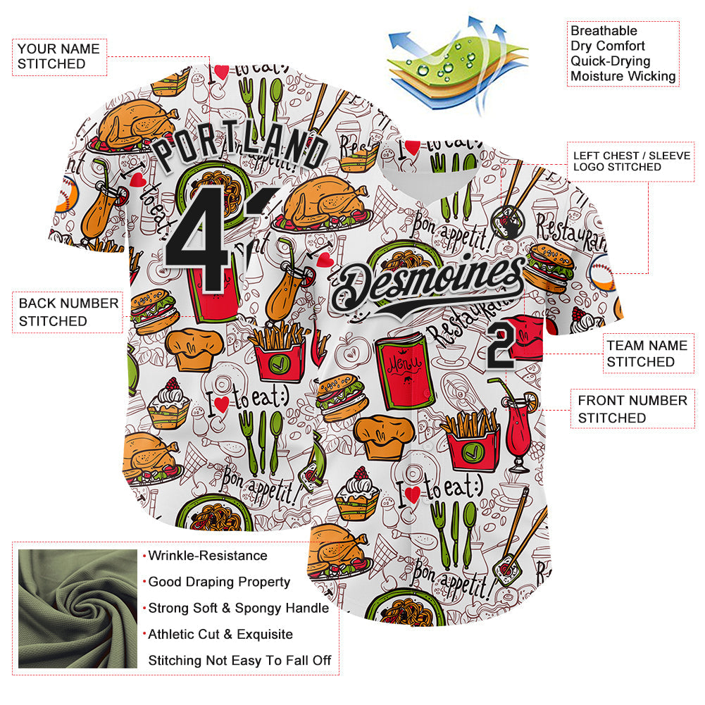 Custom White Black Foodie Fast Food Doodles Authentic Baseball Jersey view 3
