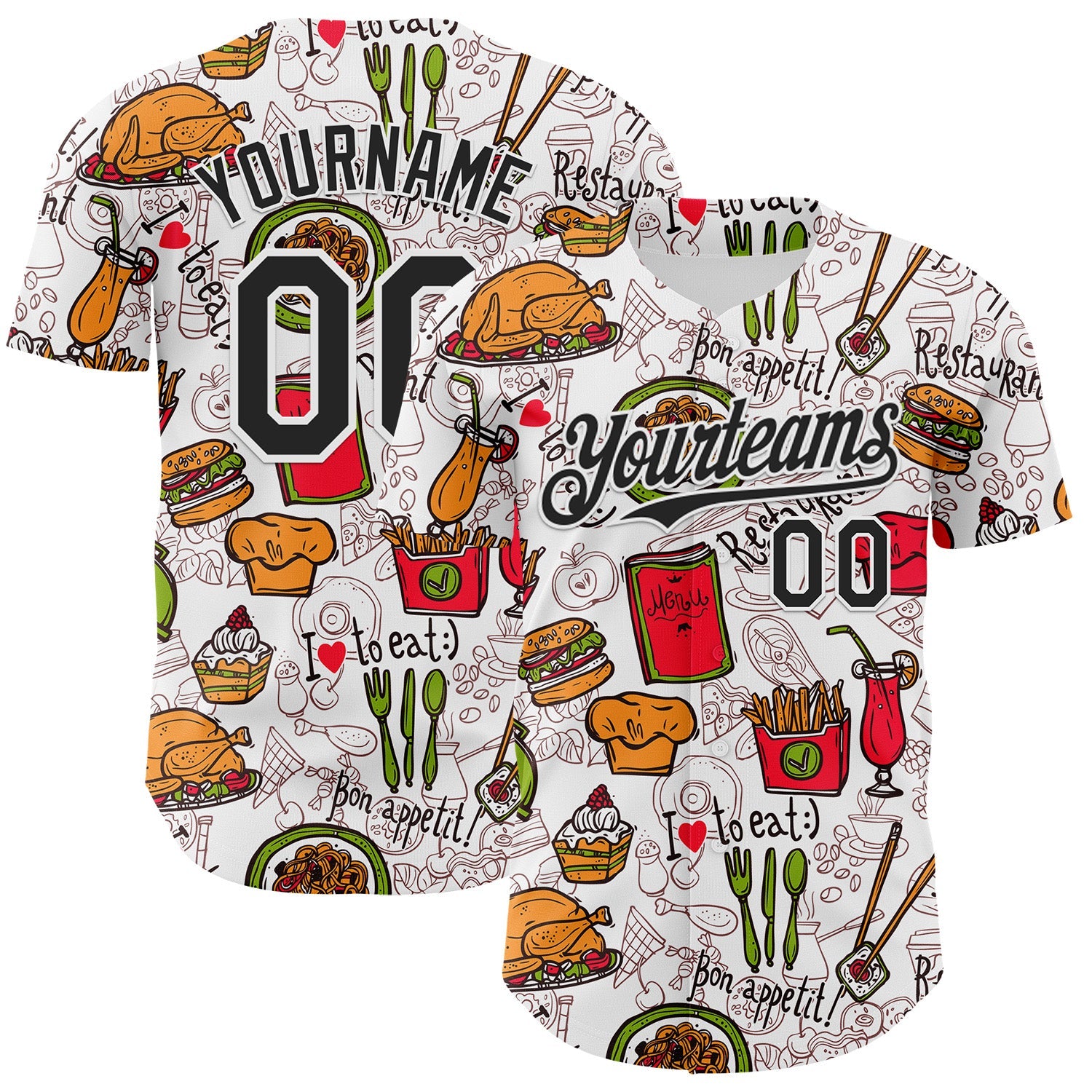 Custom White Black Foodie Fast Food Doodles Authentic Baseball Jersey - Main View