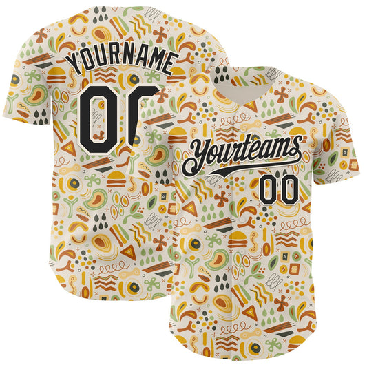 Custom Cream Black Foodie Abstract Doodles Authentic Baseball Jersey - Main View