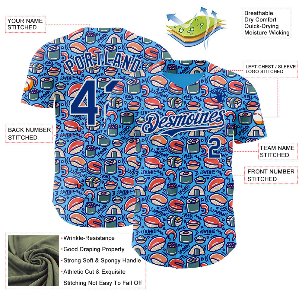 Custom Sky Blue Royal-White Foodie Sushi Doodle Authentic Baseball Jersey view 3