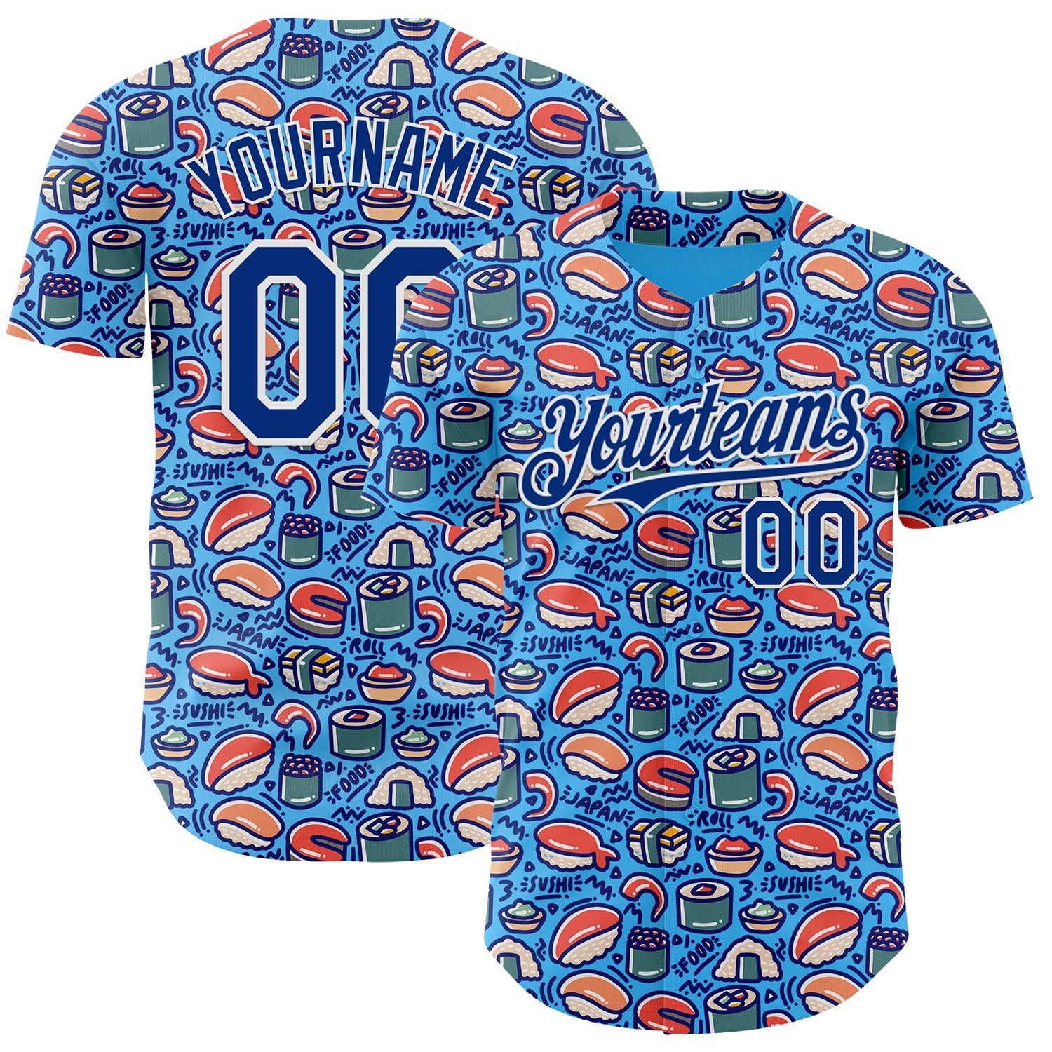 Custom Sky Blue Royal-White Foodie Sushi Doodle Authentic Baseball Jersey - Main View