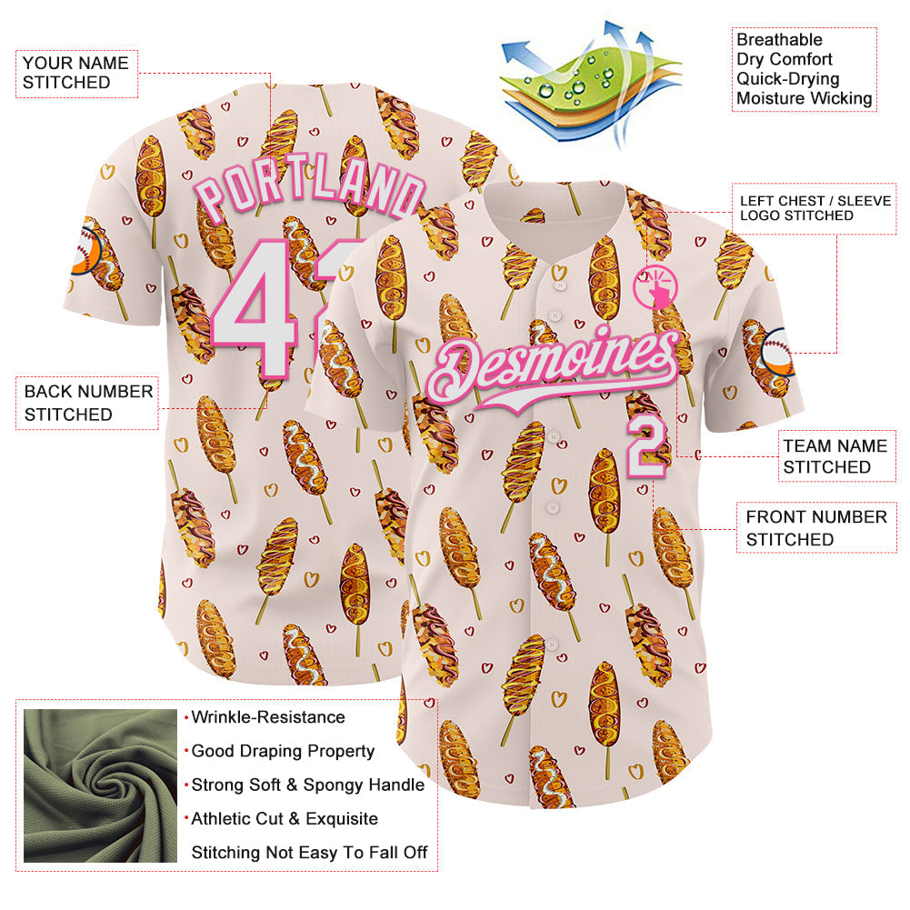 Custom Light Pink White-Pink Foodie Asian Corndog Authentic Baseball Jersey view 3