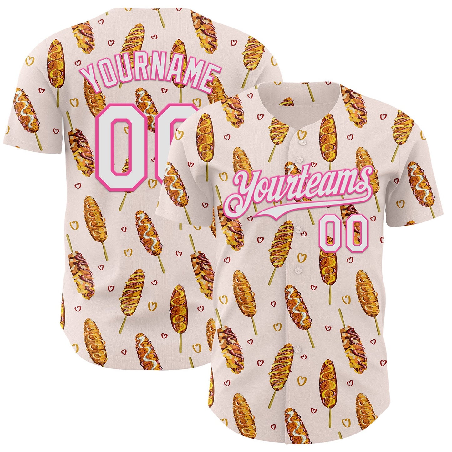 Custom Light Pink White-Pink Foodie Asian Corndog Authentic Baseball Jersey - Main View