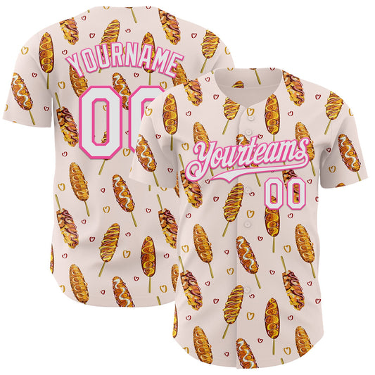 Custom Light Pink White-Pink Foodie Asian Corndog Authentic Baseball Jersey - Main View