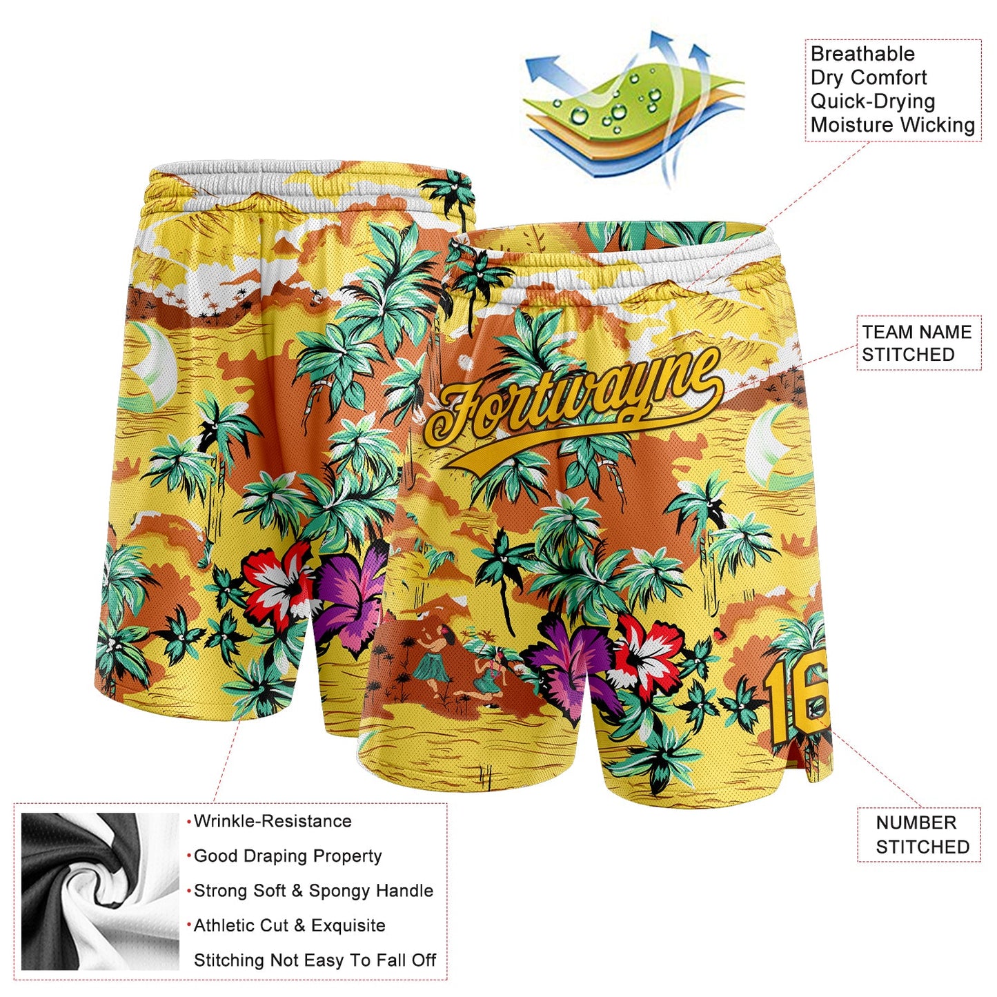 Custom Yellow Brown 3D Pattern Tropical Hawaii Palm Trees Authentic Basketball Shorts view 2