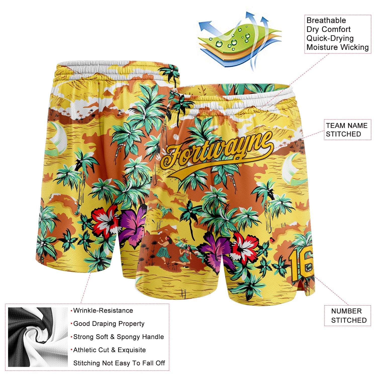 Custom Yellow Brown 3D Pattern Tropical Hawaii Palm Trees Authentic Basketball Shorts view 2