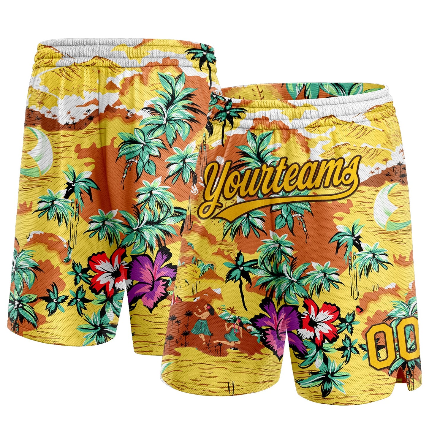 Custom Yellow Brown 3D Pattern Tropical Hawaii Palm Trees Authentic Basketball Shorts - Main View