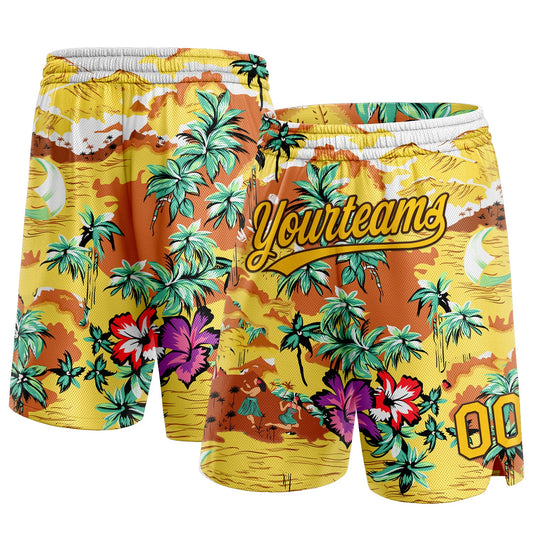Custom Yellow Brown 3D Pattern Tropical Hawaii Palm Trees Authentic Basketball Shorts - Main View