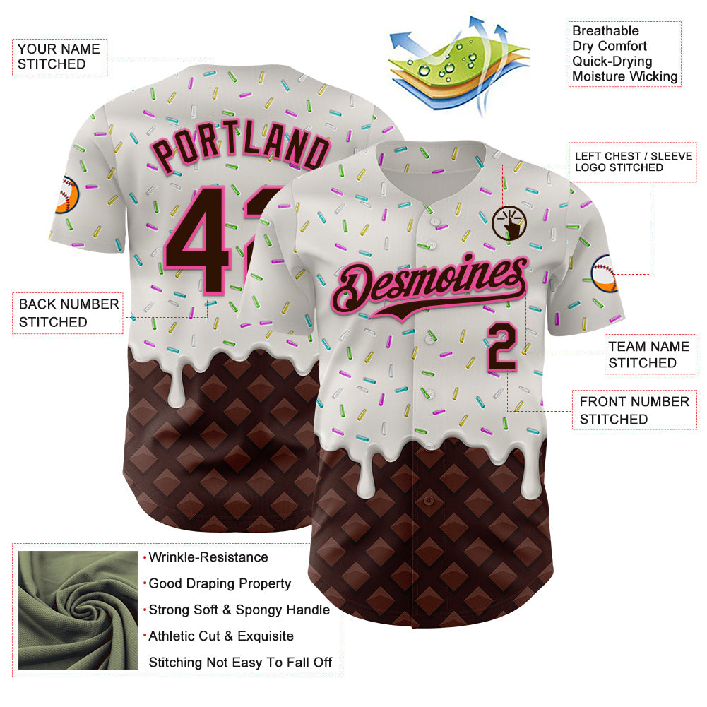 Custom White Brown-Pink Foodie Dripping Ice Cream Authentic Baseball Jersey view 3