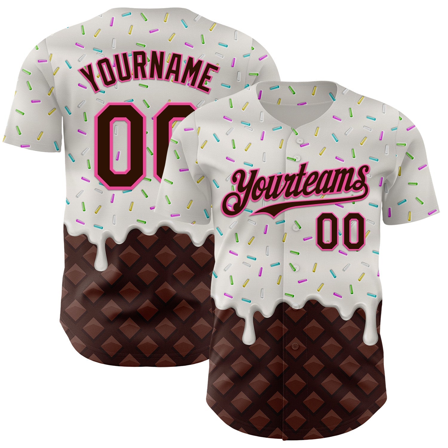Custom White Brown-Pink Foodie Dripping Ice Cream Authentic Baseball Jersey - Main View