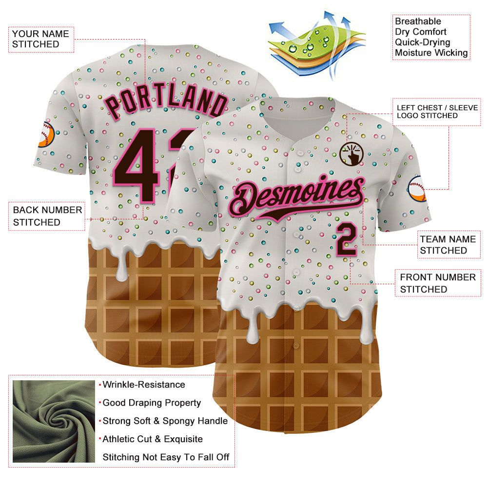 Custom White Brown-Pink Foodie Dripping Ice Cream Authentic Baseball Jersey view 3