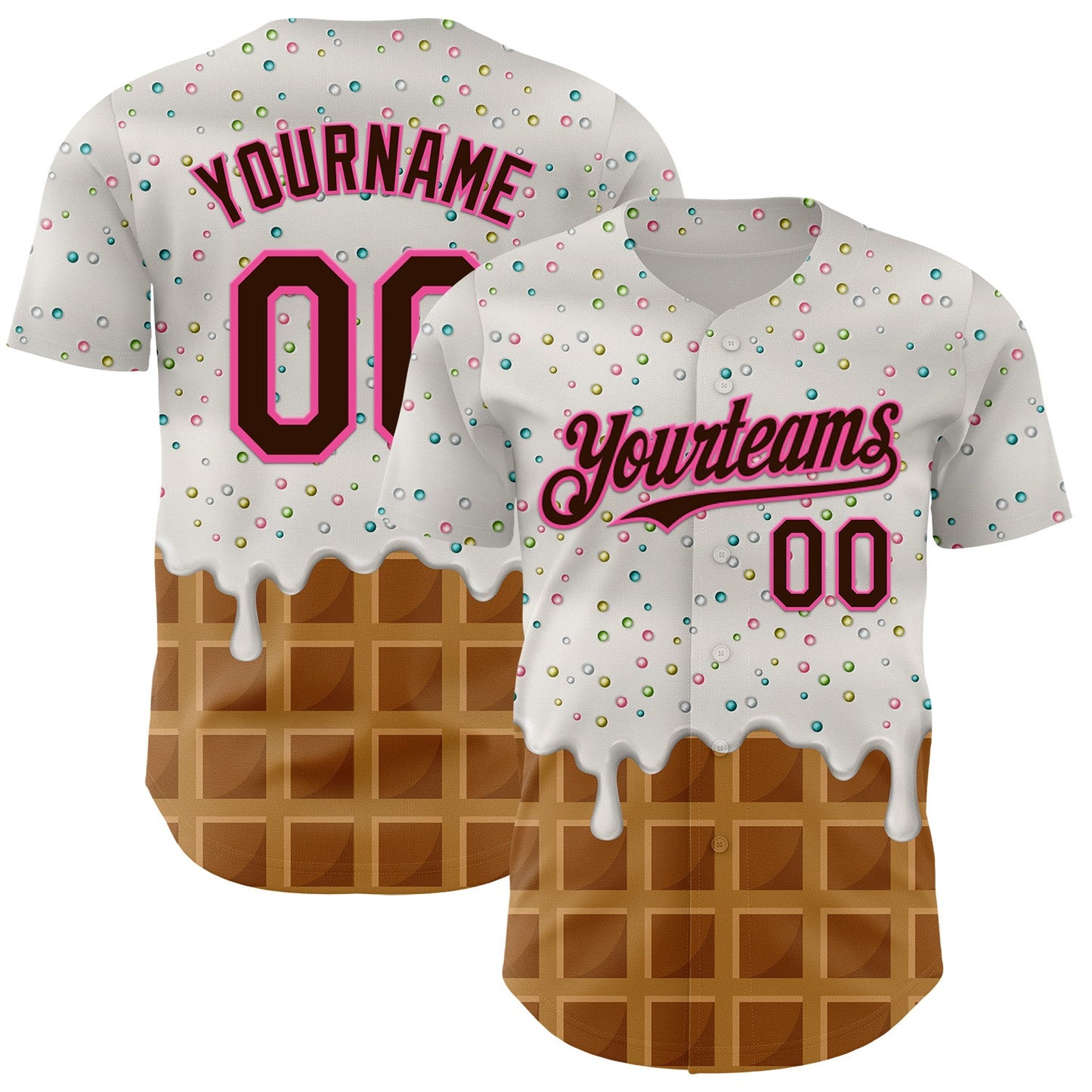 Custom White Brown-Pink Foodie Dripping Ice Cream Authentic Baseball Jersey - Main View