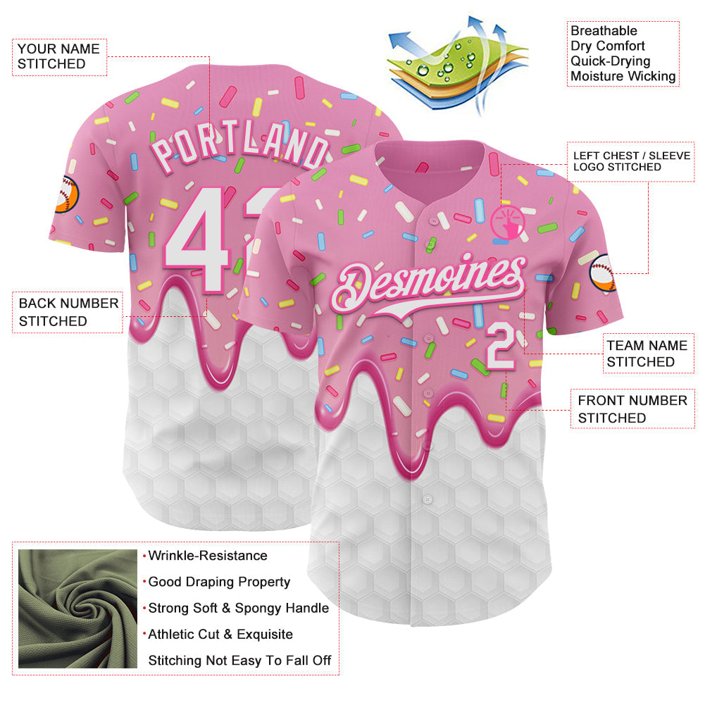 Custom Pink White Foodie Dripping Ice Cream Authentic Baseball Jersey view 3