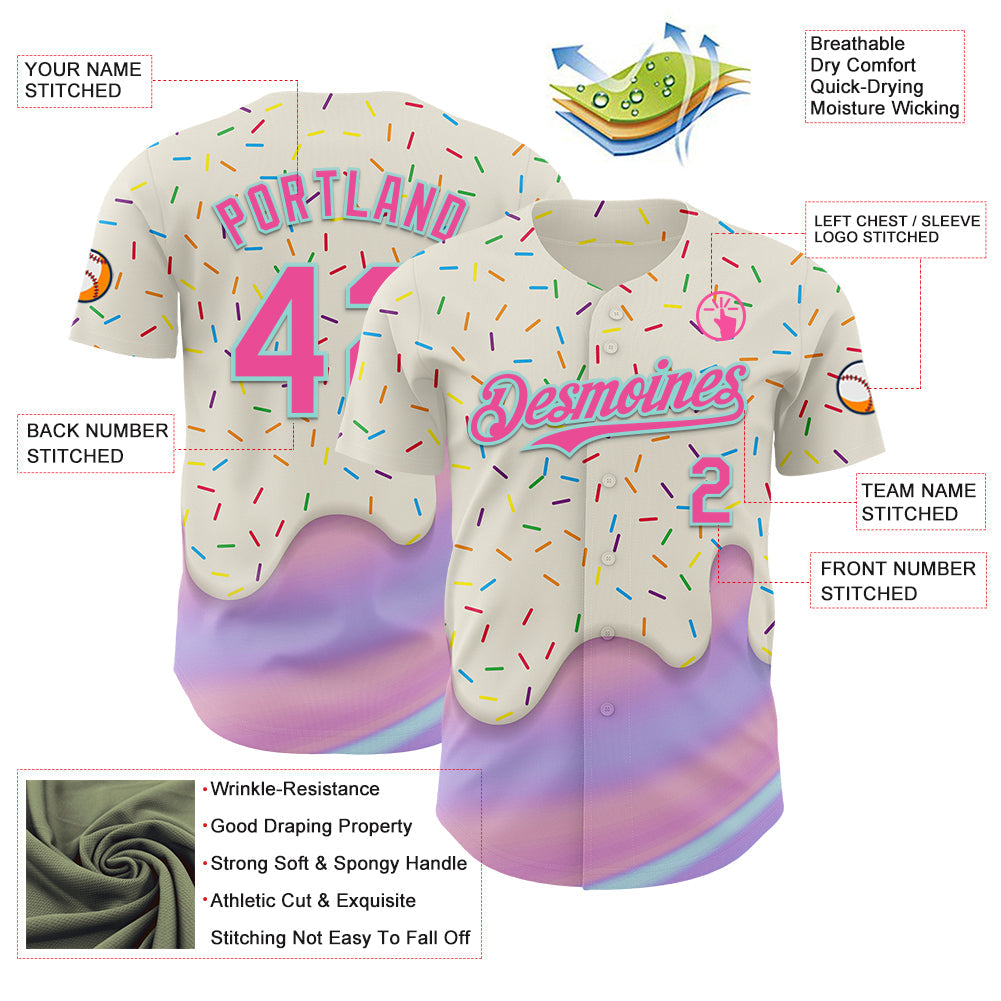 Custom Cream Pink-Ice Blue Foodie Dripping Ice Cream Authentic Baseball Jersey view 3