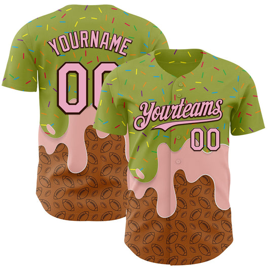 Custom Green Light Pink-Brown Foodie Dripping Ice Cream Authentic Baseball Jersey - Main View