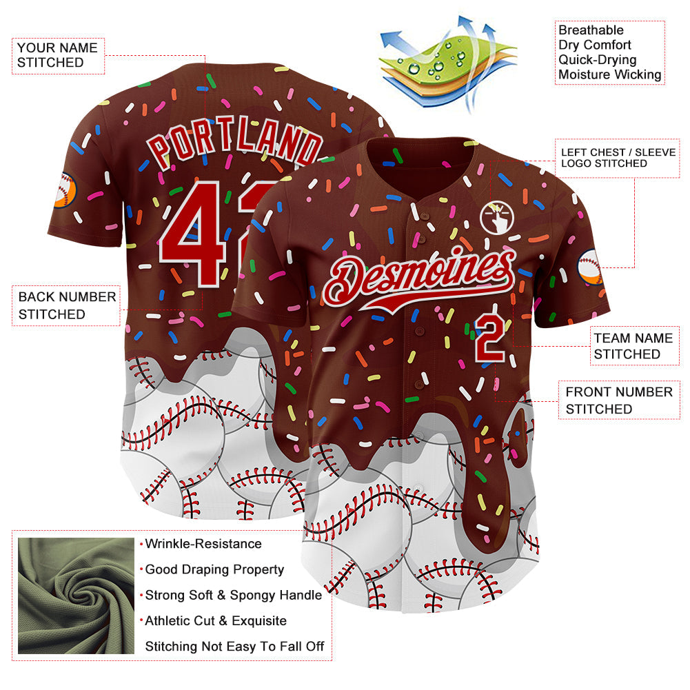 Custom Brown Red-White Foodie Dripping Ice Cream Authentic Baseball Jersey view 3