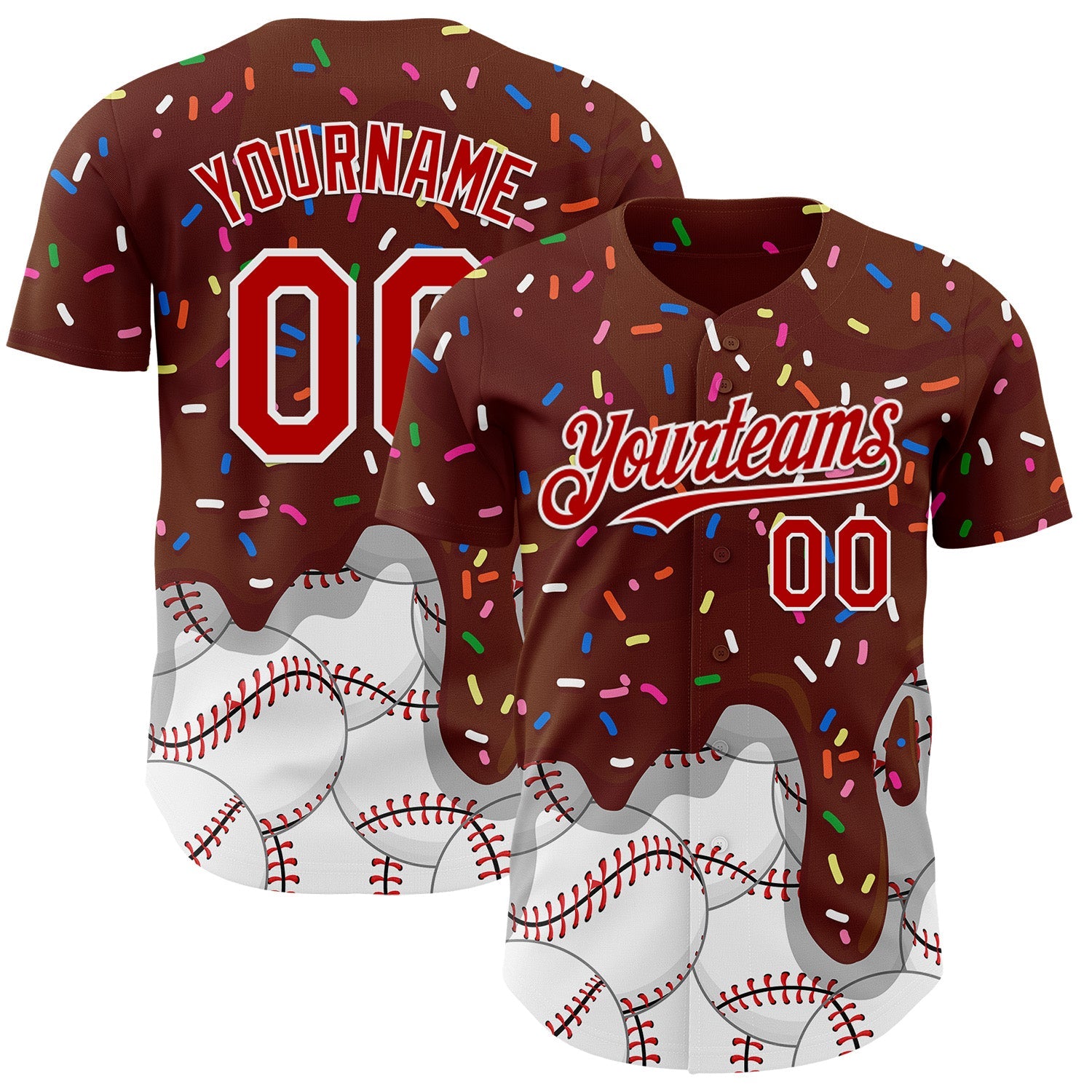 Custom Brown Red-White Foodie Dripping Ice Cream Authentic Baseball Jersey - Main View