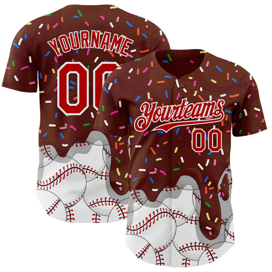 Custom Brown Red-White Foodie Dripping Ice Cream Authentic Baseball Jersey - Main View