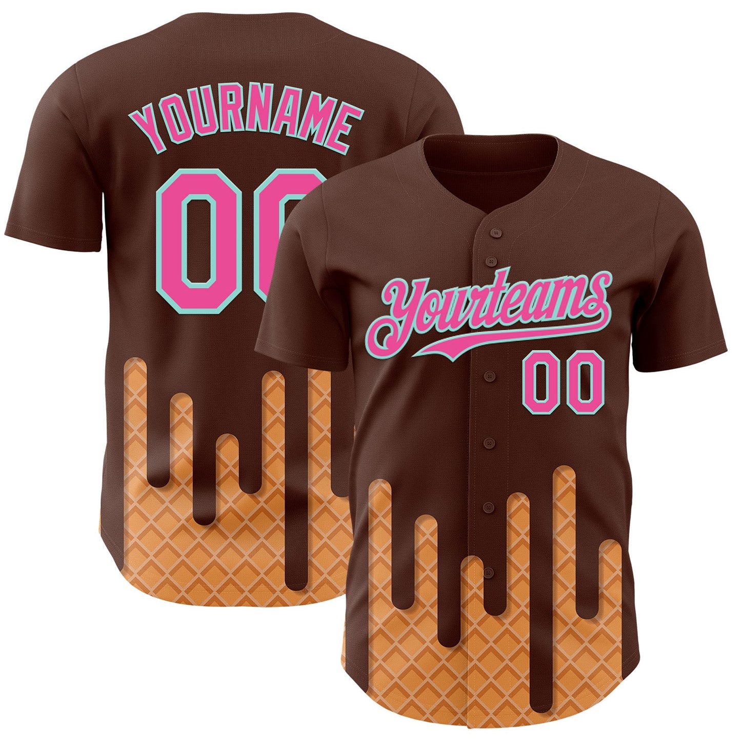 Custom Brown Pink-Ice Blue Foodie Dripping Ice Cream Authentic Baseball Jersey - Main View