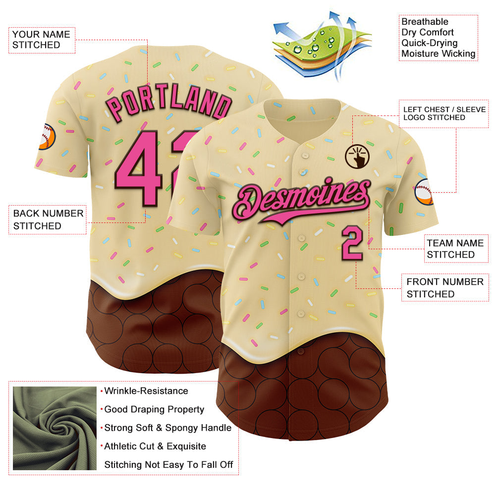 Custom Yellow Pink-Brown Foodie Dripping Ice Cream Authentic Baseball Jersey view 3
