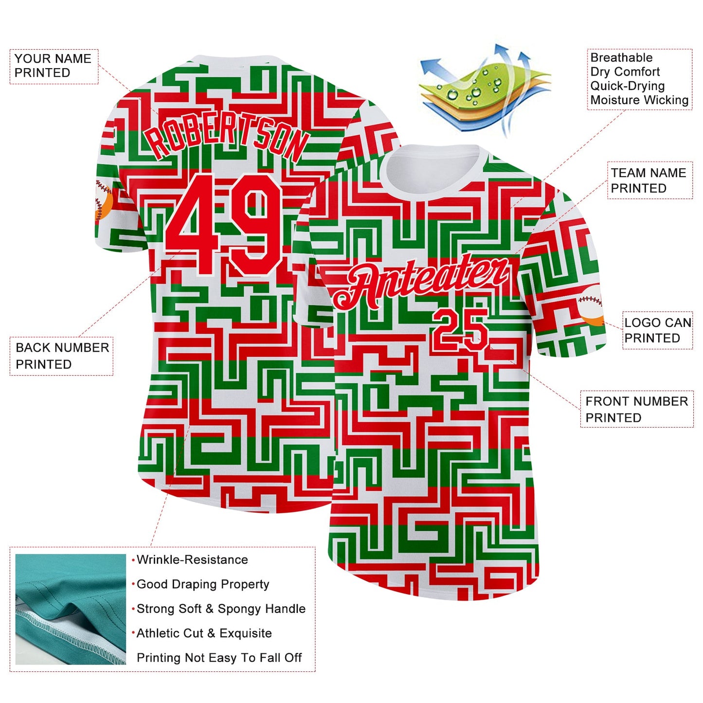 Custom White Fire Red-Green Portugal Geometric Performance T-Shirt view 2