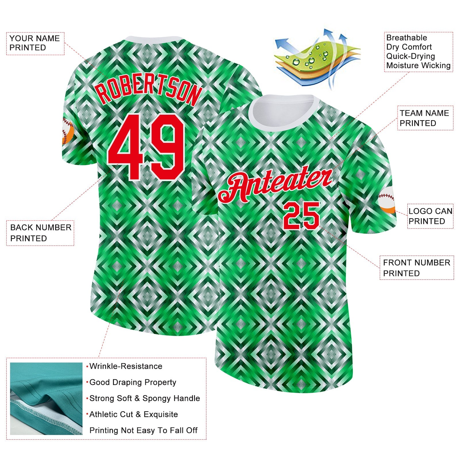 Custom Green Fire Red-White Portugal Geometric Performance T-Shirt view 2
